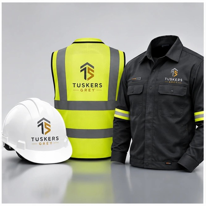 Tuskers Grey branded hard hat, hi-vis vest and work jacket